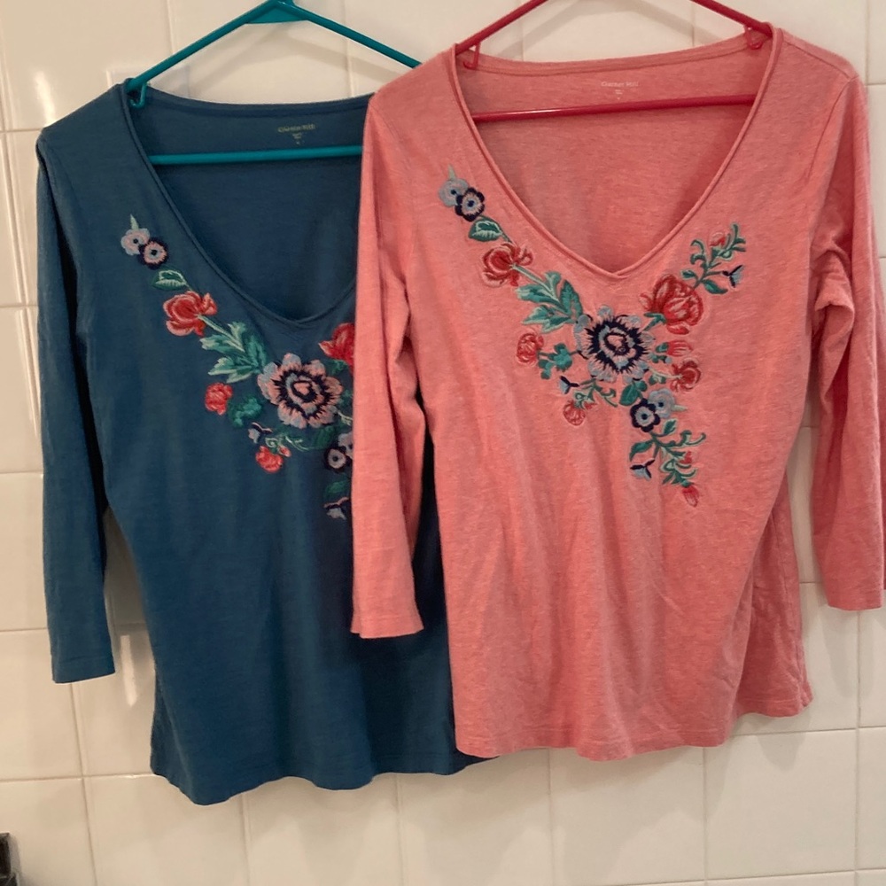 Garnet Hill Floral Embroidered V-Neck Tops - Teal and Pink